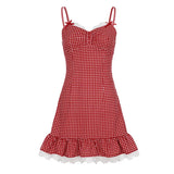 Pbong  Y2k Sexy Summer Plaid Lace Patchwork Contrast Color Bow Sleeveless Ruffles Dresses
