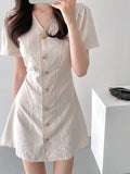 Pbong  Sweet Short Dress Women's Summer New Style High Waist Slim Fit V-neck Korean Version Commute A-line Skirt Bubble Sleeve