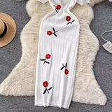 Pbong  Summer Knitted Elegant Embroidery Dress French Fashion White Black Short Sleeve Bodycon Dress Chic Lady Party Vestidos