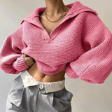 Pbong  New Women's Faion Knitted Sweater Lapel Pullover Blouse Svel Autumn Season Other Material 00% Ladies Knitwear