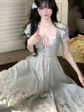 Women Gentle Style Vintage Dress Sweet Bow Short Sleeve Dress French Lace Splice Korean Popular Chic Long Dress New Summer 2025