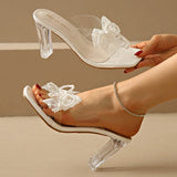 Pbong  Lace Pearl Bowknot High Heel Slippers for Women Summer Square Toe Transparent Heeled pvc Sandals Woman Fashion Party Dress Shoes