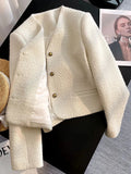 Slim Elegant Tweed Jacket Women Vintage Long Sleeve Sweet Short Coat French Casual Vintage Lady V Neck Single Breasted Tops