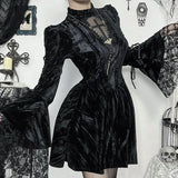 Mall Goth Fairycore Gothic Dress Women Aesthetic Lace Patchwork Flare Sleeve High Waist Dress Halloween Dark Partywear
