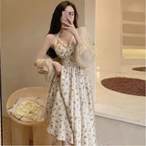 Pbong  Summer New Gentle Wind Fragmented Flower V-Neck Sling Dress Set Waist Wrap Neck Hanging Long Dress Thin Sun Protection Cardigan