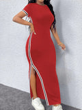 Pbong  Black Slim Fit Round-Neck Maxi Dress with White Stripe Trim and Side Slit