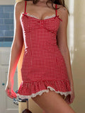Pbong  Y2k Sexy Summer Plaid Lace Patchwork Contrast Color Bow Sleeveless Ruffles Dresses