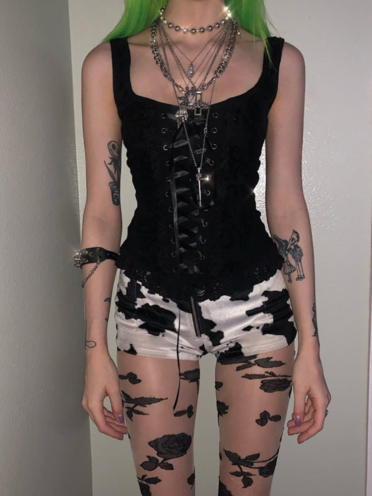 Grunge Tank Tops Gothic Transparent Hollow Out Crisscross Bandage Top Summer Sexy Fashion Mesh Ruch Ruffle Punk Tops