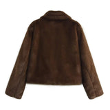 Pbong  Loose Brown Faux Fur Collar Jacket Short Outerwear Women's Fashion Autumn New Style Artificial Leather Coat Full Sleeve