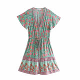 Pbong  Floral Boho Mini Dress Vintage Casual Summer Women Dress Flare Sleeve V-neck Button Front Ladies Chic Female Dress New