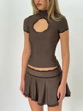 Brown Skirt Two Piece Sets Women Hollow Out Turtleneck Short Sleeve T-shirt And Mini Skirt Femme Sexy Skirt Sets New