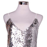 Pbong  Women's Silver Sequined Deep V Neck Backless Dress Off Shoulder Sexy Mini Christmas Party Club Vestidos
