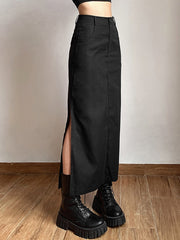 Goth Dark Grunge Casual Tag Split Women Midi Skirts Mall Gothic Punk High Raise Slim Long Skirt Y2k Sexy Fashion Streetwear