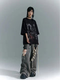 Fashion American Vinateg Hole Cross Lace Up Design Denim Pants Y2ka Esthetic High Street Baggy Wide Leg Trousers Punk Bottoms