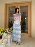 Romance Off The Shoulder Floral Sleeveless Mesh Top Gradient Blue Summer Tank Top Woman 2025 Korean Fashion