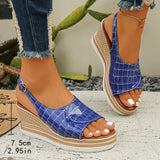 Pbong  Plaid Pattern Wedge Sandals for Women Summer Peep Toe Chunky Platform Sandles Woman Thick Sole Buckle Strap Roman Sandalias