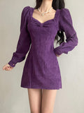 Purple Loose Corduroy Long-Sleeve Dress