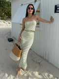 2025 New Tube Top And Long Skirts Knitting Vacation Summer Outfits Stripe Strapless Tank And Tight Skirt Sexy Beach 2 Piece Set