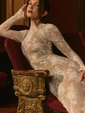 Lace Print Long Sleeve Sexy Maxi Dress For Women White Zipper Half High Collar Bodycon Fashion Elegant Long Dress