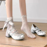 Pbong  Chunky Heel Silver French Women Mary Jane Shoes Spring New Bow Knot Cross Strap Ballet Flats