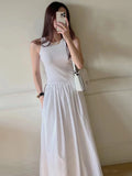 Korean Style round Neck Slim Fit Splice Pleated Maxi Dress Women's Sleeveless Dress Spring  Elegant Long Skirt