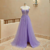 Pbong  Lace Applique Sparkly Tulle Prom Dresses for Women with Slit Spaghetti Straps Backless A Line Long Ball Gown