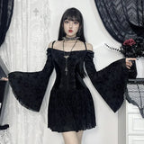 Goth Black Lace Flocking Off-Shoulder Flared Sleeve Party Dresses Y2K Vintage Velvet Patchwork A-Line Mini Dress Women