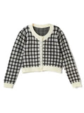 Women Checkerboard Crop Knit Cardigan Sweater Long Sleeve Button-up Box-fit Plaid Knit Top Teenage Girls Outfit