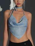 Blue Bright Silk Halter Top Glitter Tanks Ruched Crop Backless Vests Sexy Camis Summer Outfits