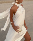 Pbong  Sexy Women's White Floral Crochet Satin Halter Evening Dress, Vintage Style Maxi Gown for  Summer