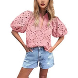 Pbong  Fashionable Casual Lace Embroidery Women's Shirt V-Neck Button Hollow out Lantern Sleeve Summer Top Cross-Border Clothing