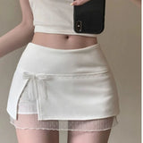 Pbong  A-Line Mini Skirt Women's Clothing Lace Patchwork Jupe Fashion Summer Saia Split Sweet Bow Y2k Skirts