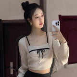 Korean Luxury Temperament Two Piece Sets Design Women Clothes Spliced Bow Appliques Tank Tops Y2k Aesthetic Long U Neck Tops