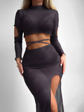 Halter String 4 Piece Vent Long Skirt Bikini Swimsuit Women Swimwear Female Bather Bathing Swimming Swim Suit Beachwear