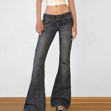 Pbong  American Retro Low Waisted Washed Jeans Women Streetwear Y2K Slim Fit Flared Pants Mujer Fashion Button Pockets Denim Trousers