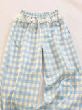 Sweet Lace Plaid Pants Women Patchwork Loose High Waist Wide Leg Trousers Japan Casual Lady Vintage Cute Spring New Pant