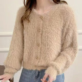 Flower Button Fuzzy Knit Sweater Cardigan Warm Fluffy Button-up Crop Sweater Jacket Knitwear Teen-girl Fall Winter Cute Outfit