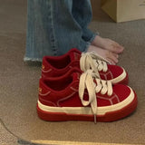 Pbong  Women Vintage Red Canvas Low-top jogging Sneakers Casual Letter Embroidery Skateboard Shoes Students Flat outdoor trainers