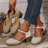 Ankle Strap High Heels Sandals for Women Summer Hollow Out Breathable Pumps Woman Comfortable Chunky Heeled Shoes