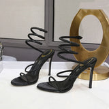 Pbong  Fashion Summer Snake Twine Around Crystal Women Sandals Luxury Rhinestones Thin High heels Gladiator Sandals  Party Prom Shoes