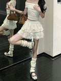 Coquette White Lace Short Skirt Ruffle Women Sweet Bow Kawaii Mini Skirts Patchwork Layered A-line Aesthetics Skirt