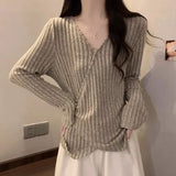Early Autumn Cross V Neck Long Sleeve Pullovers High Street French Temperament Base Punk Striped Sweaters Y2k Harajuku Jumpers