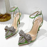 Liyke Summer Party Wedding Stripper High Heels Sexy Crystal Bowknot Pointed Toe Women Pumps PVC Transparent Sandals Shoes Green