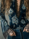 Lunivop  Autumn Women's Clothing Velvet Blouse With Lace Floral Print V Neck Long Sleeve Elegant Top For Woman Slim Fit Bell Cuff