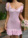Pbong  Women's Fashion Polka Dot Print Ruffle Trim Bow Tie Dress Pink Polka Dot Dress Picnic Dress For Ladies Doll Dress For