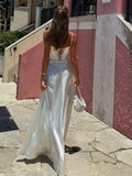 Elegant White Satin Drawstring Tie Backless Long Dress Women High Waist Square Neck Slim Sling Dresses New Sexy Beach Robes