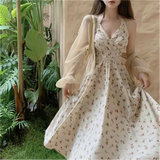 Pbong  Summer New Gentle Wind Fragmented Flower V-Neck Sling Dress Set Waist Wrap Neck Hanging Long Dress Thin Sun Protection Cardigan