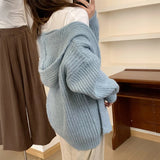 Hooded Cardigan Sweater for Women Morandi Pink Blue Button-Up Knitted Hoodie Jacket Autumn Winter Teen-girl Slouchy Knitwear