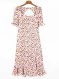 Pbong  Elegant Chic Floral Summer Dresse Pink Women Dress Puff Sleeve Hollow Out Backless Sexy Party Ladies Dress Vestidos