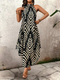 Pbong  Women's Halter Neck Chevron Print Maxi Dress - Loose Fit Summer Casual